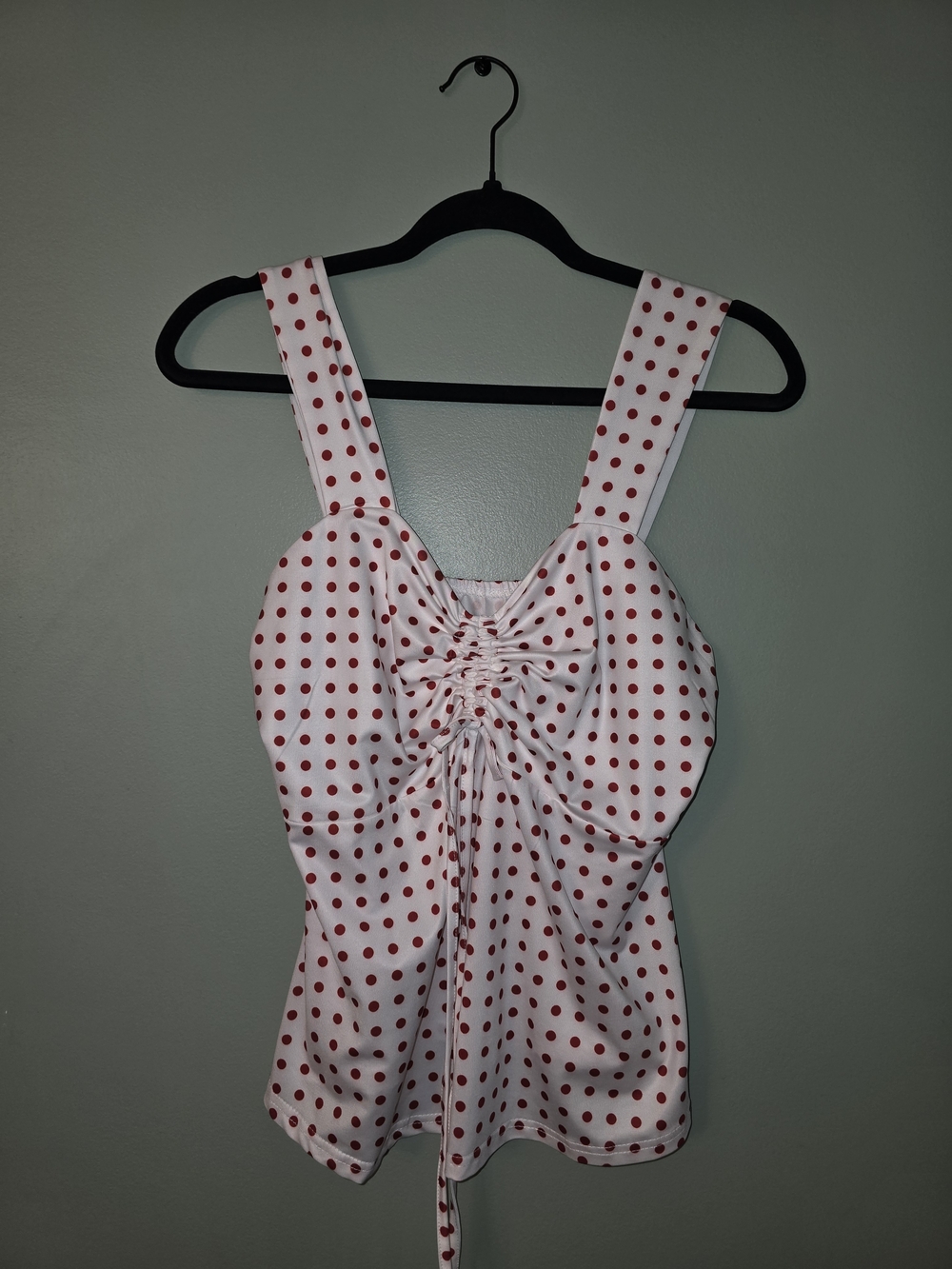 White and Red Polka Dot Sleeveless Ruched Front Top